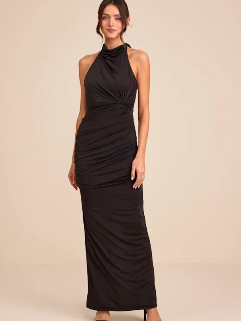 Lulu's Black Seraiah Black Knotted Ruched Halter Maxi Dress